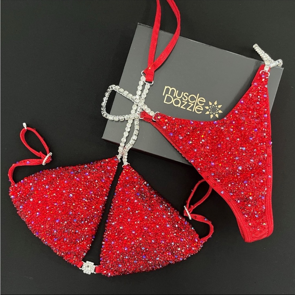 Muscle Dazzle Red Crystal Bikini Set - Sparkling Competition Swimwear